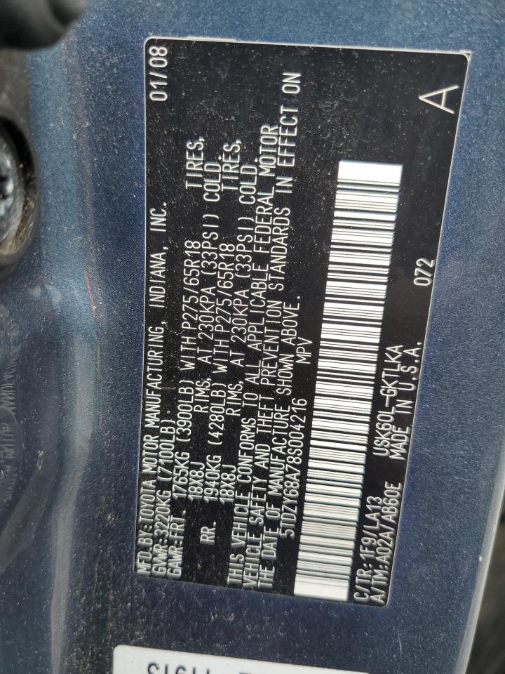 2008 Toyota Sequoia Limited VIN: 5TDZY68A78S004216 Lot: 68688055