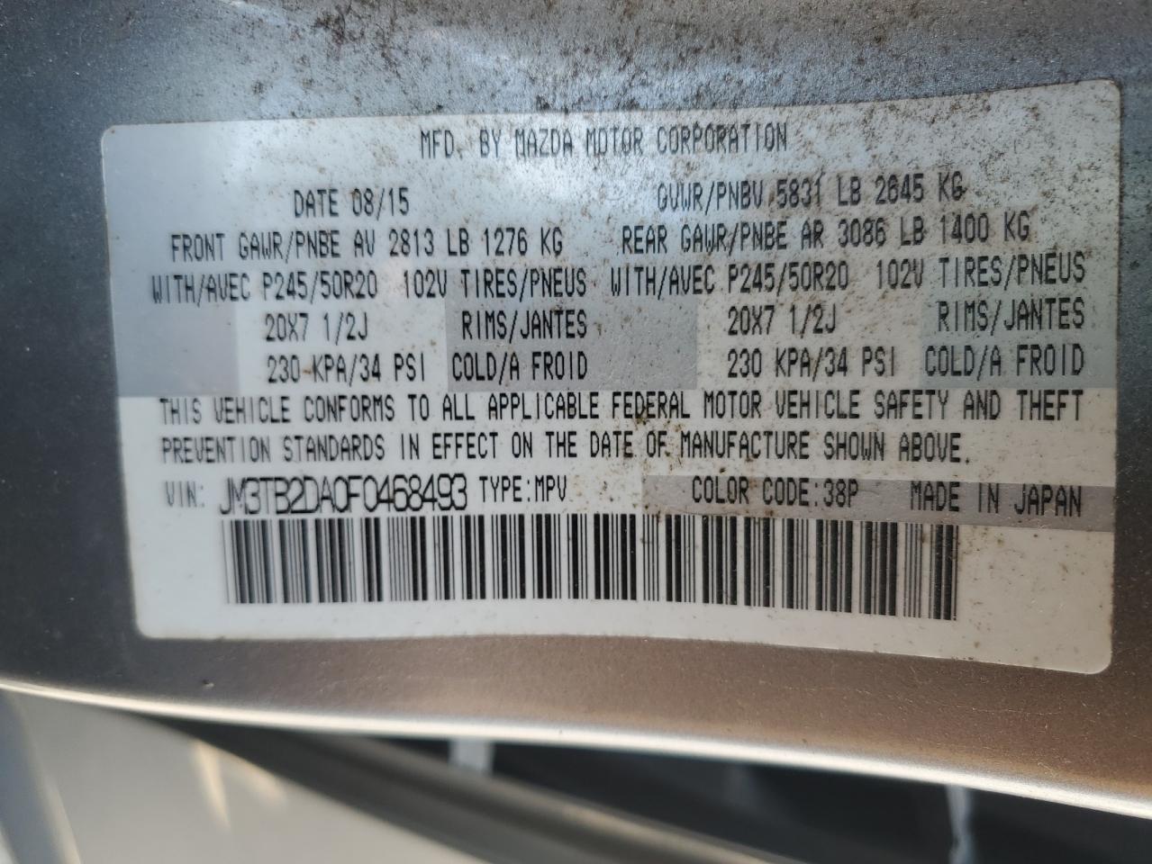 2015 Mazda Cx-9 Grand Touring VIN: JM3TB2DA0F0468493 Lot: 68845505