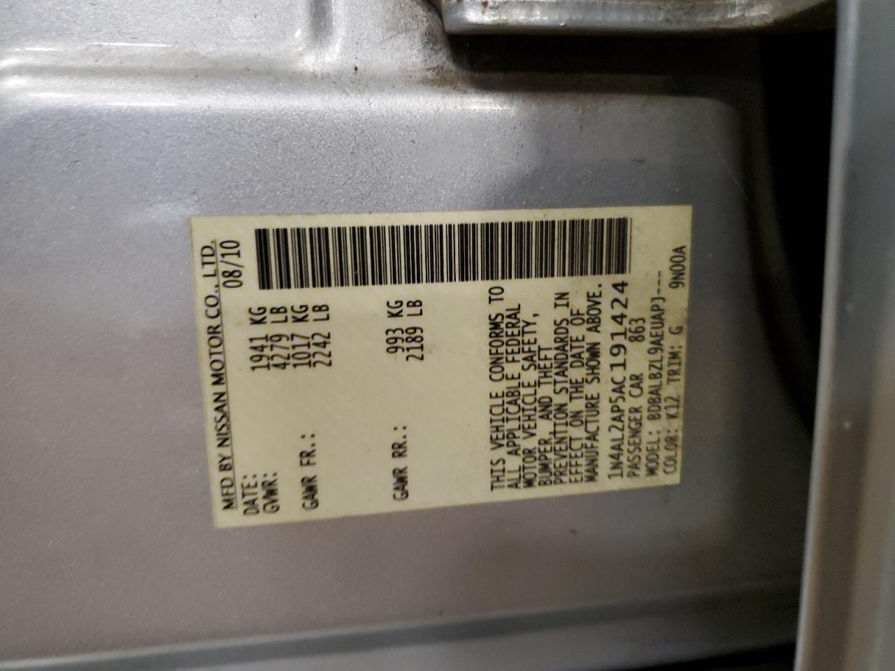 2010 Nissan Altima Base VIN: 1N4AL2AP5AC191424 Lot: 68917465