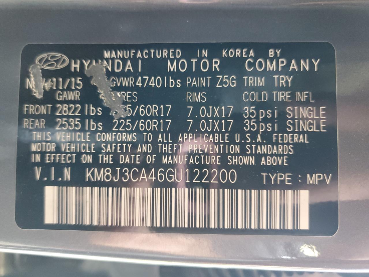 KM8J3CA46GU122200 2016 Hyundai Tucson Limited