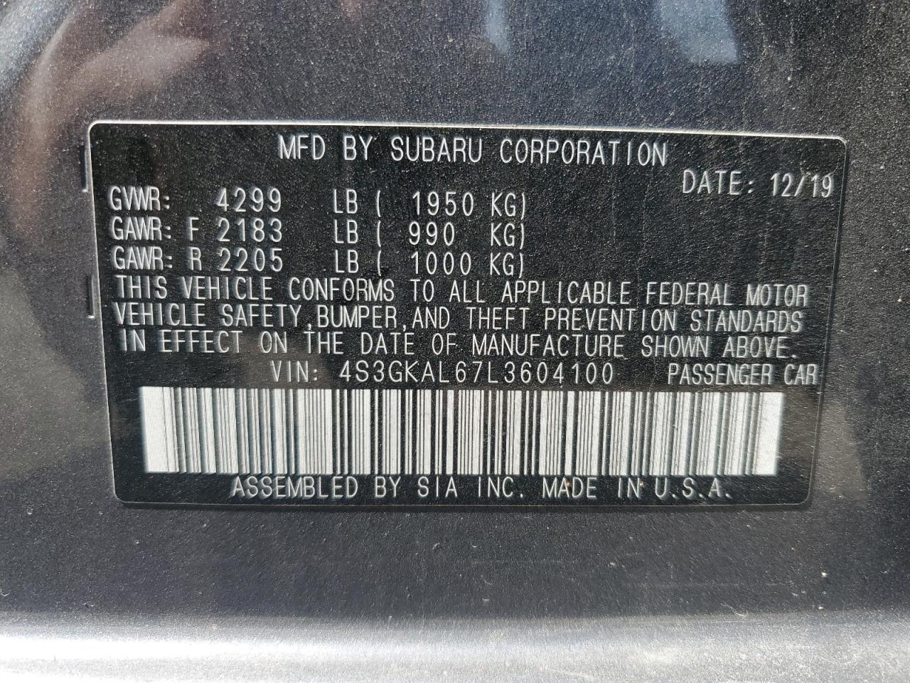 2020 Subaru Impreza Sport VIN: 4S3GKAL67L3604100 Lot: 70507965