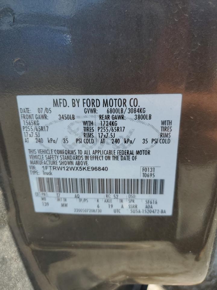 2005 Ford F150 Supercrew VIN: 1FTRW12WX5KE96840 Lot: 68821635