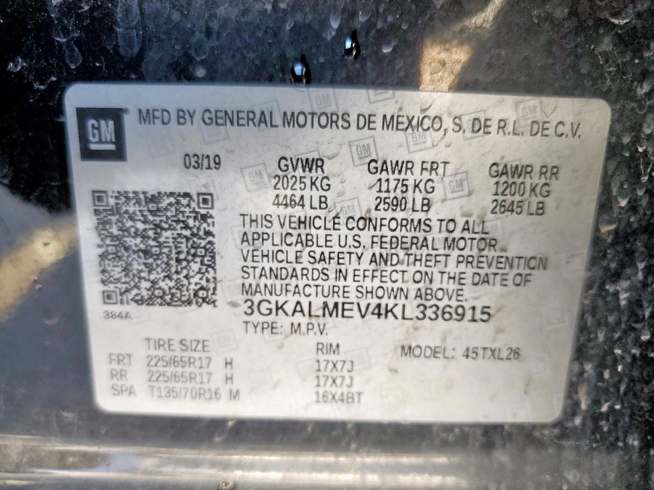 2019 GMC Terrain Sle VIN: 3GKALMEV4KL336915 Lot: 67561085