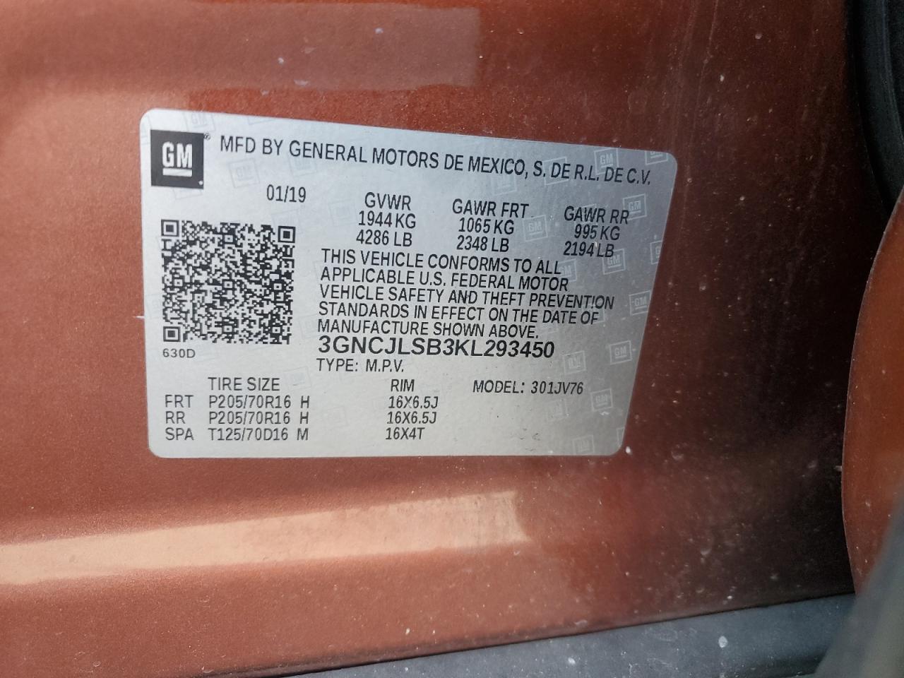 2019 Chevrolet Trax 1Lt VIN: 3GNCJLSB3KL293450 Lot: 69448955