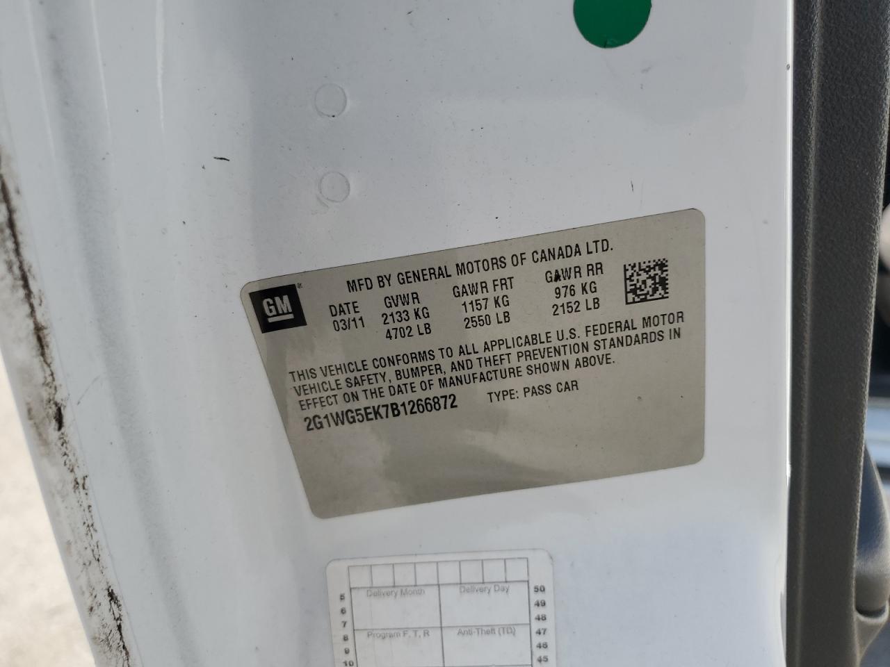 2011 Chevrolet Impala Lt VIN: 2G1WG5EK7B1266872 Lot: 68722335