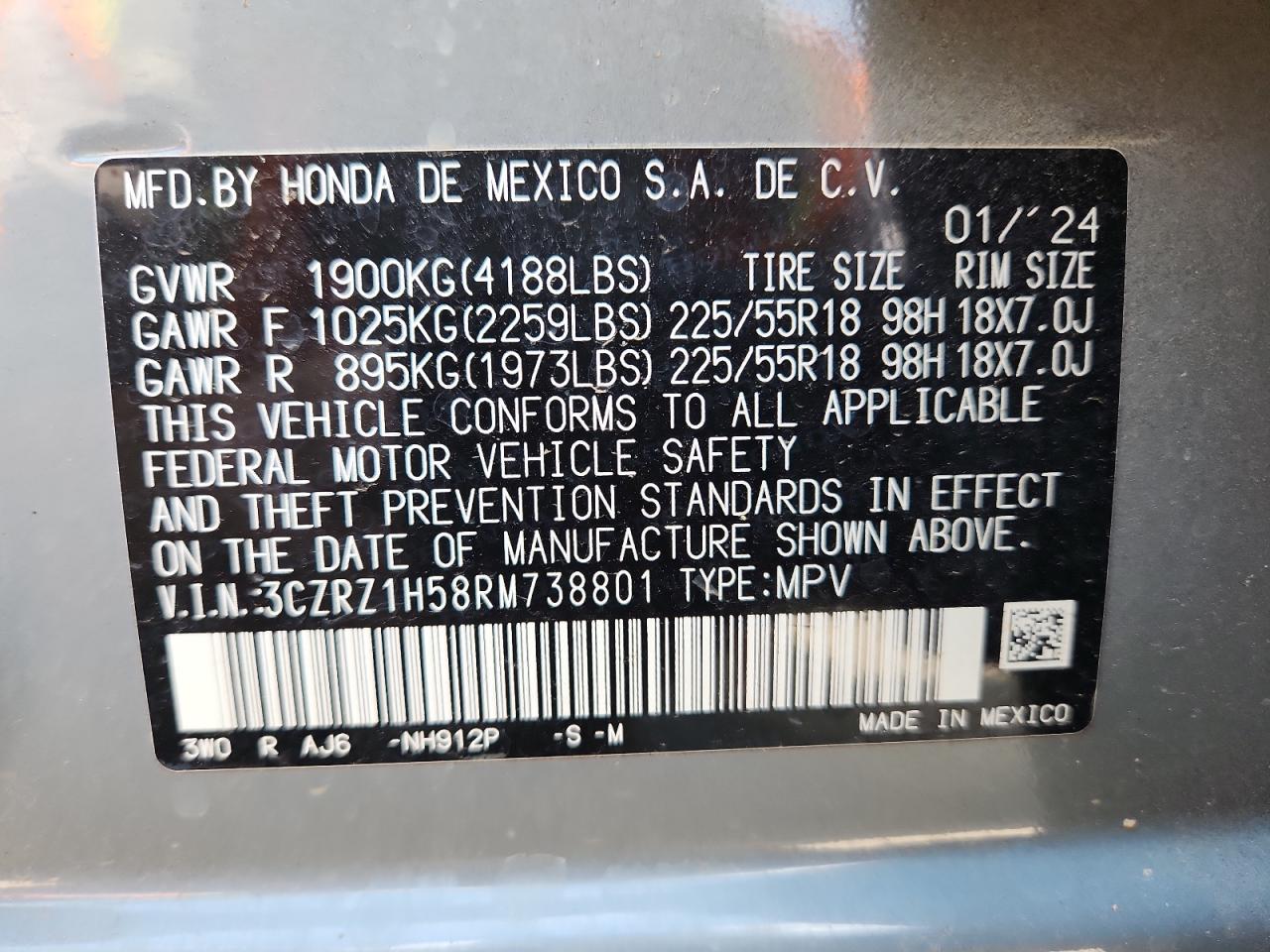 2024 Honda Hr-V Sport VIN: 3CZRZ1H58RM738801 Lot: 70727385