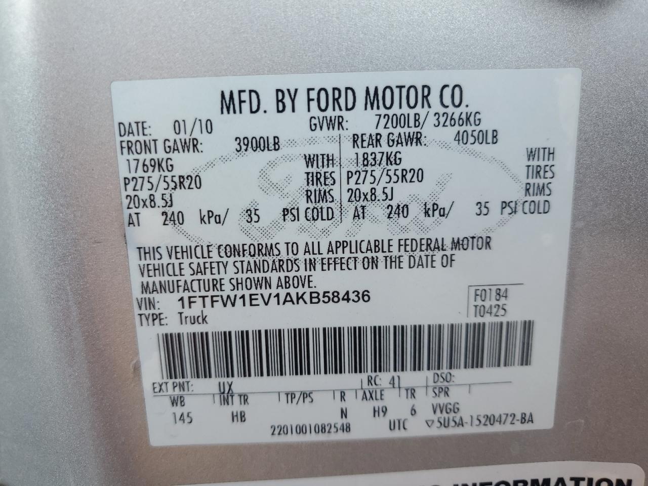 2010 Ford F150 Supercrew VIN: 1FTFW1EV1AKB58436 Lot: 69184275