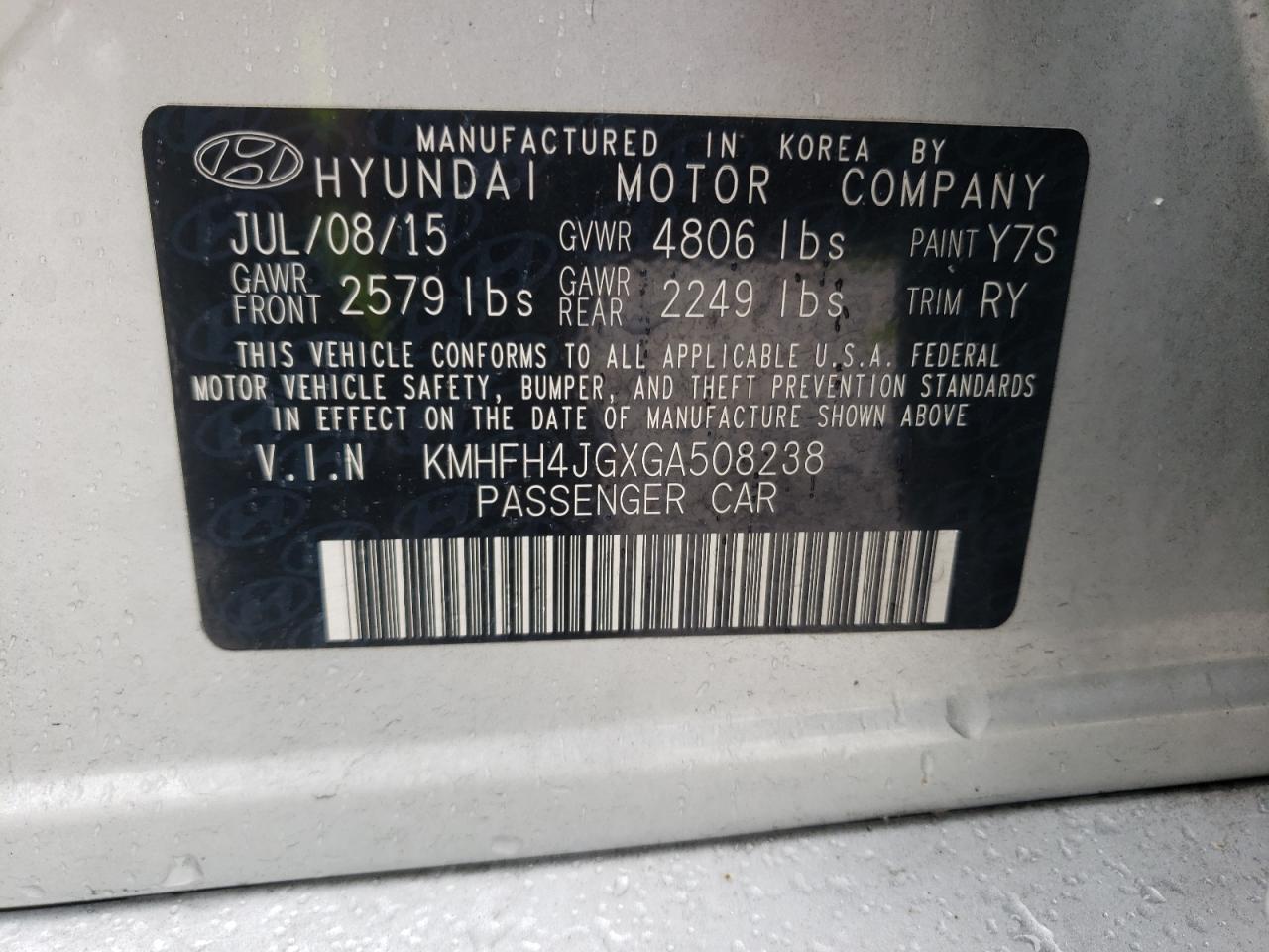 2016 Hyundai Azera Limited VIN: KMHFH4JGXGA508238 Lot: 69586245