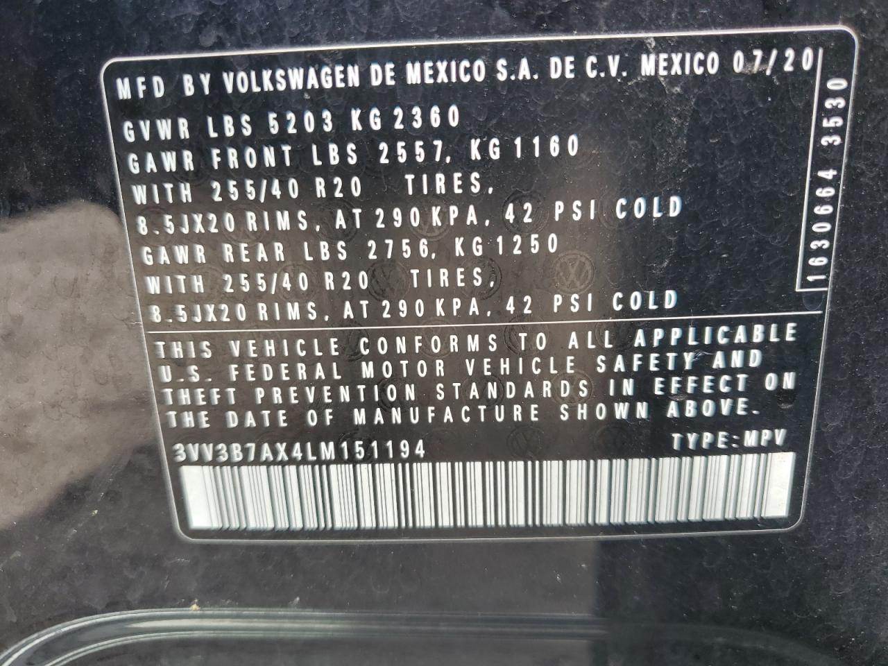 2020 Volkswagen Tiguan Se VIN: 3VV3B7AX4LM151194 Lot: 68246535