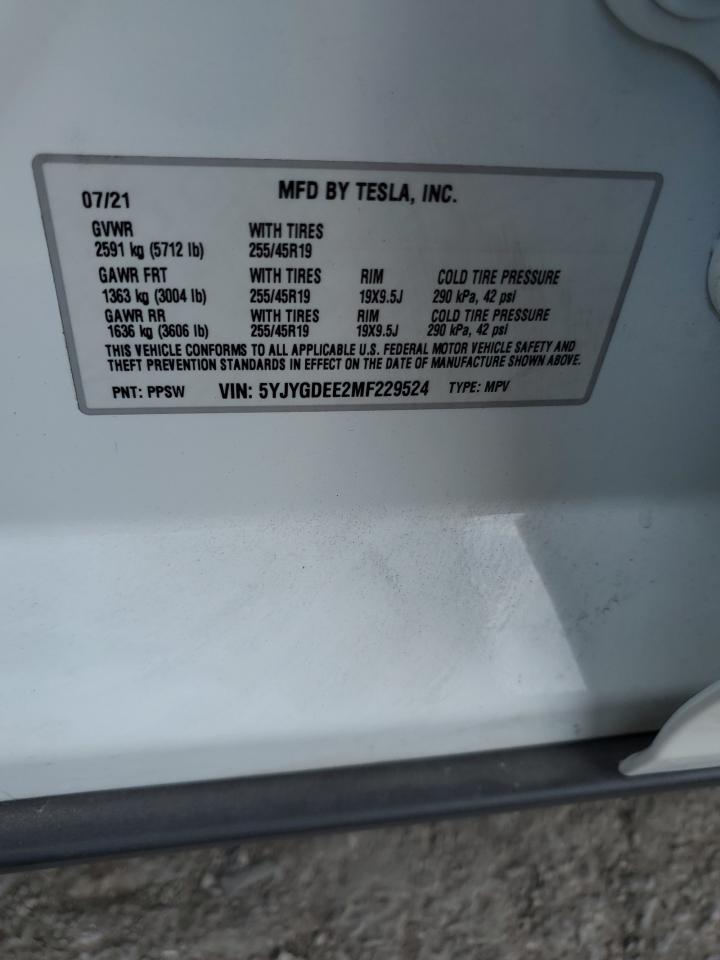 2021 Tesla Model Y VIN: 5YJYGDEE2MF229524 Lot: 70552465