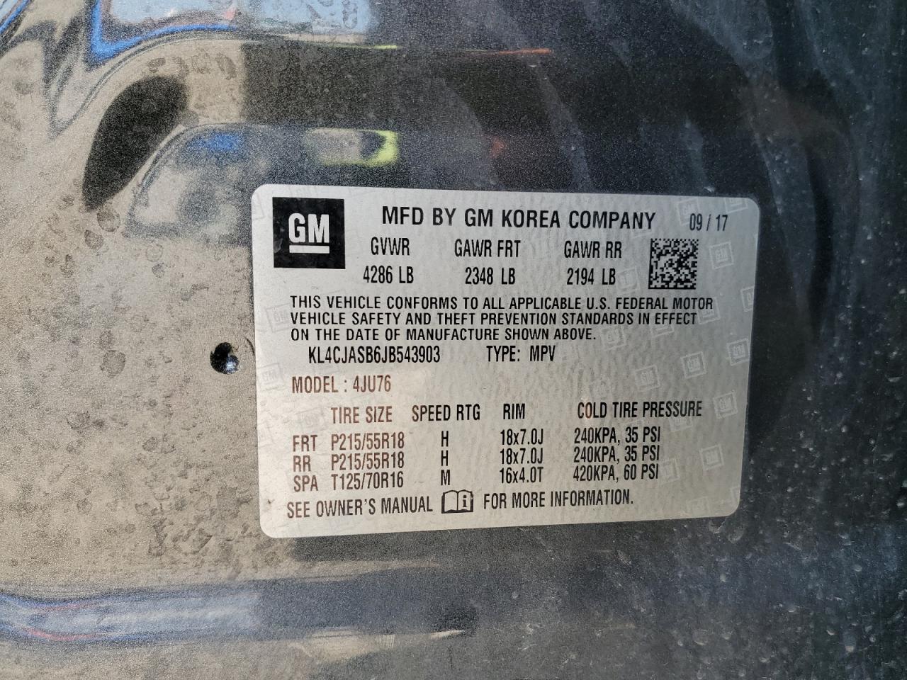 2018 Buick Encore Preferred VIN: KL4CJASB6JB543903 Lot: 68663165