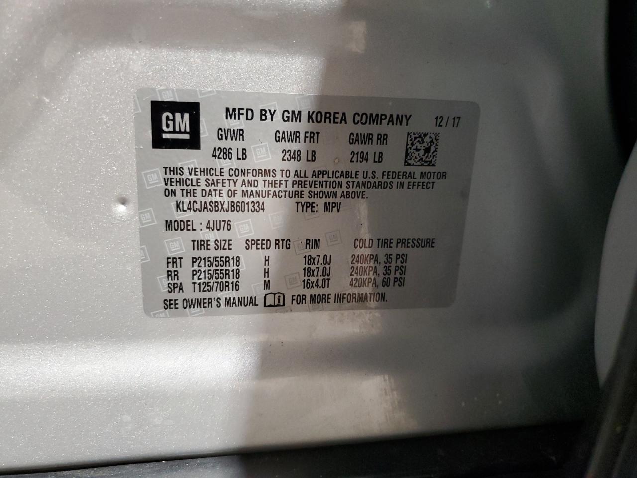 2018 Buick Encore Preferred VIN: KL4CJASBXJB601334 Lot: 67519235