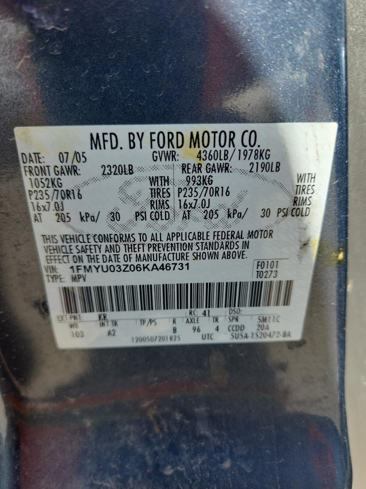 2006 Ford Escape Xlt VIN: 1FMYU03Z06KA46731 Lot: 69224105