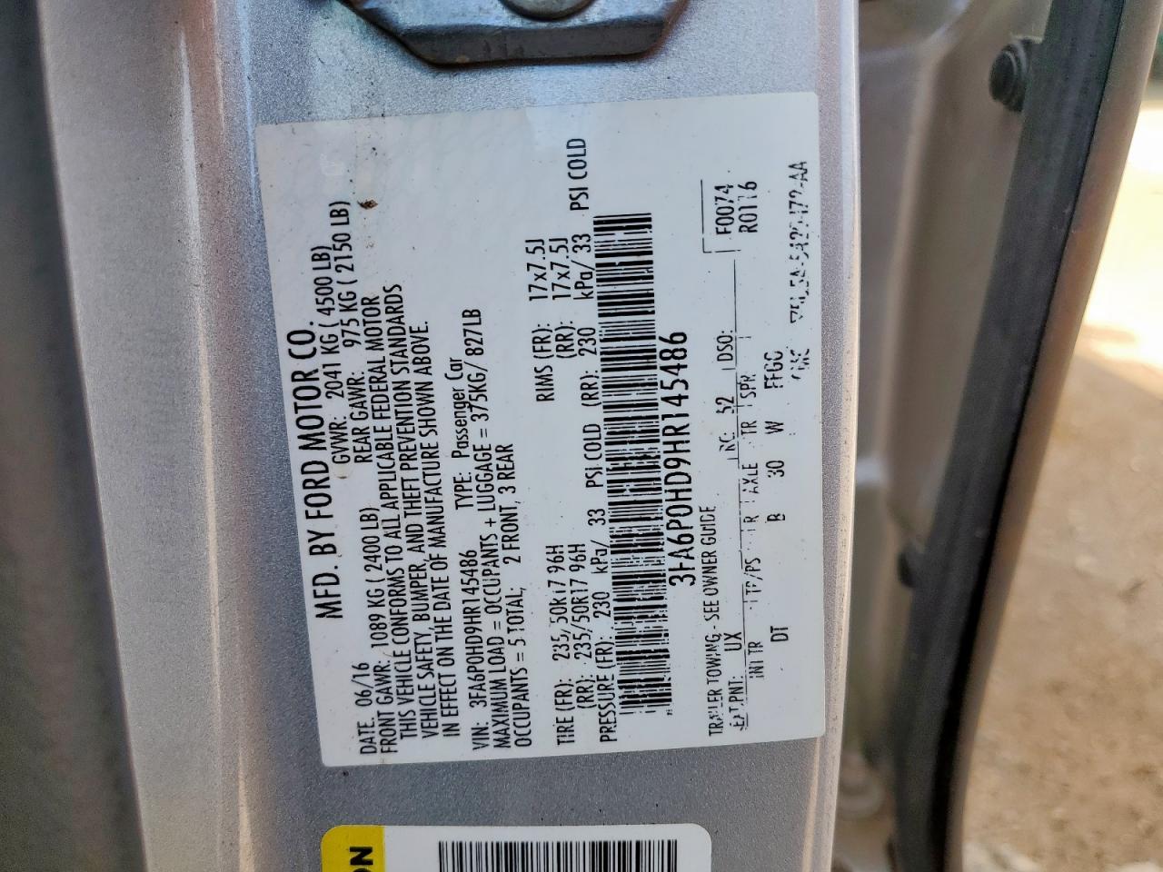 2017 Ford Fusion Se VIN: 3FA6P0HD9HR145486 Lot: 71119655