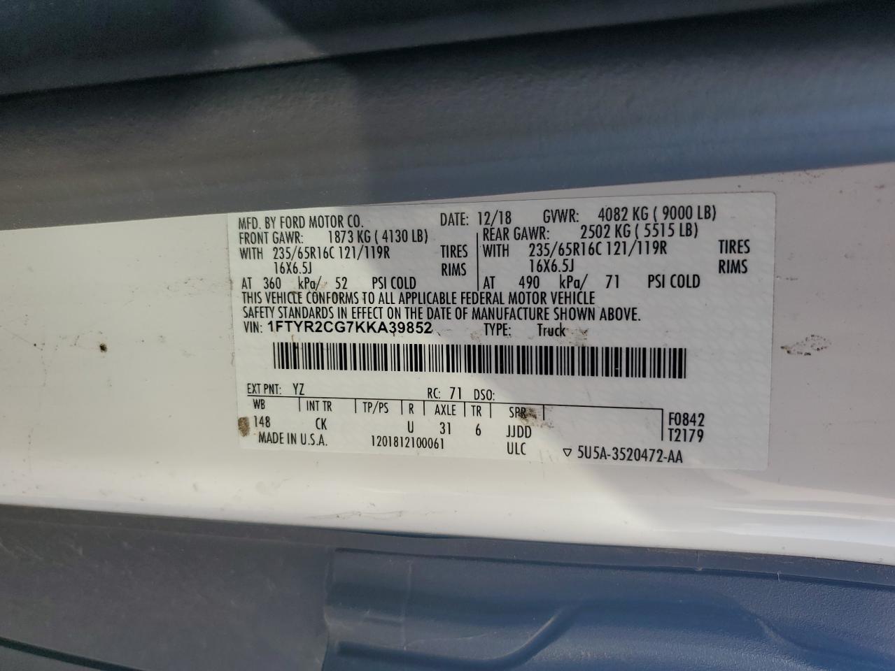 2019 Ford Transit T-250 VIN: 1FTYR2CG7KKA39852 Lot: 68401205