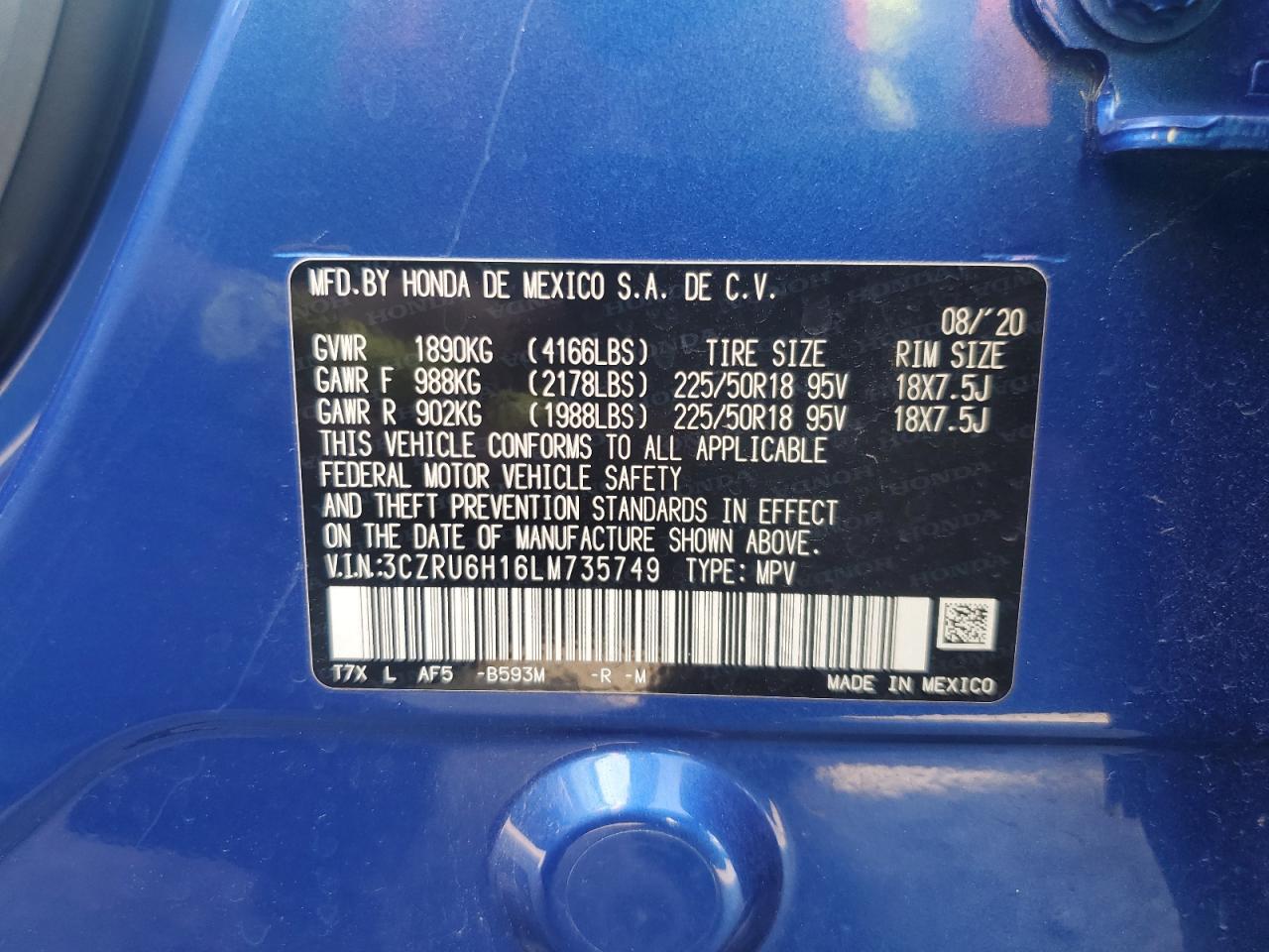 2020 Honda Hr-V Sport VIN: 3CZRU6H16LM735749 Lot: 68171465