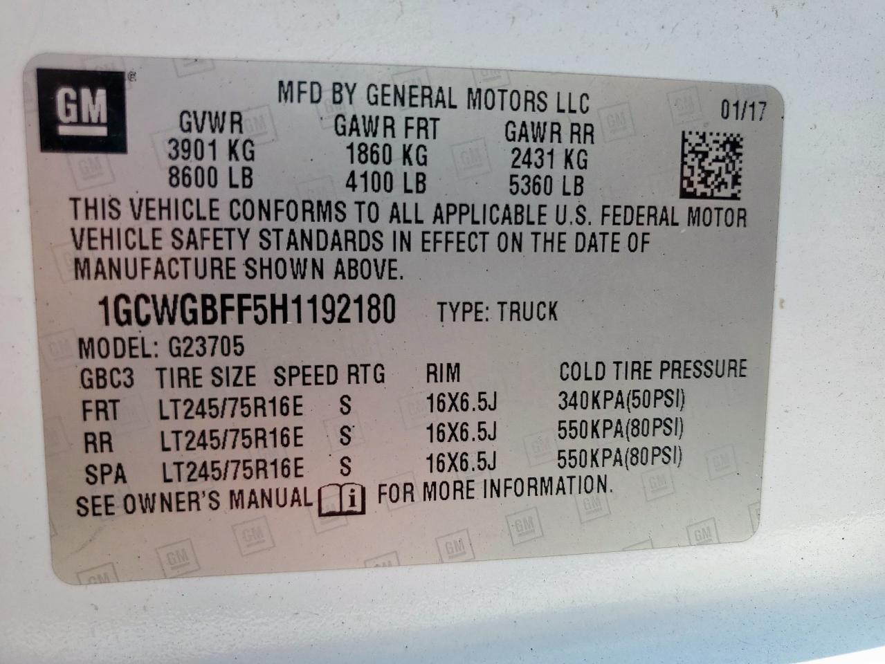 2017 Chevrolet Express G2500 VIN: 1GCWGBFF5H1192180 Lot: 69214345