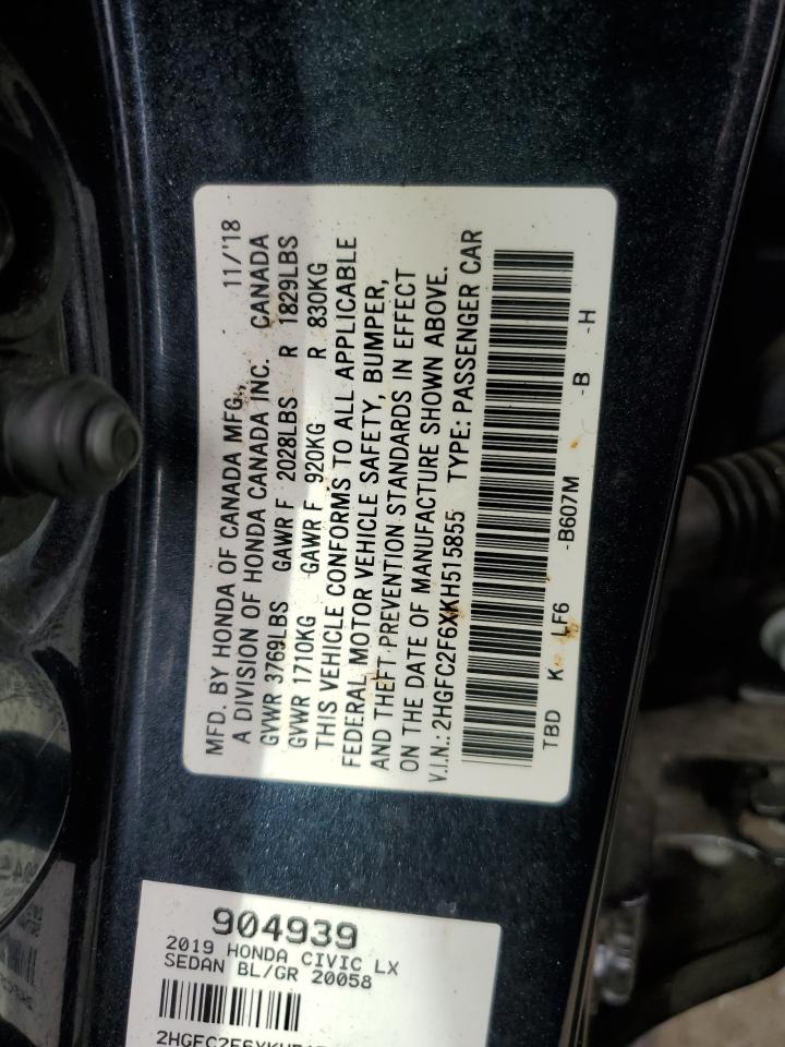 2019 Honda Civic Lx VIN: 2HGFC2F6XKH515855 Lot: 70862675