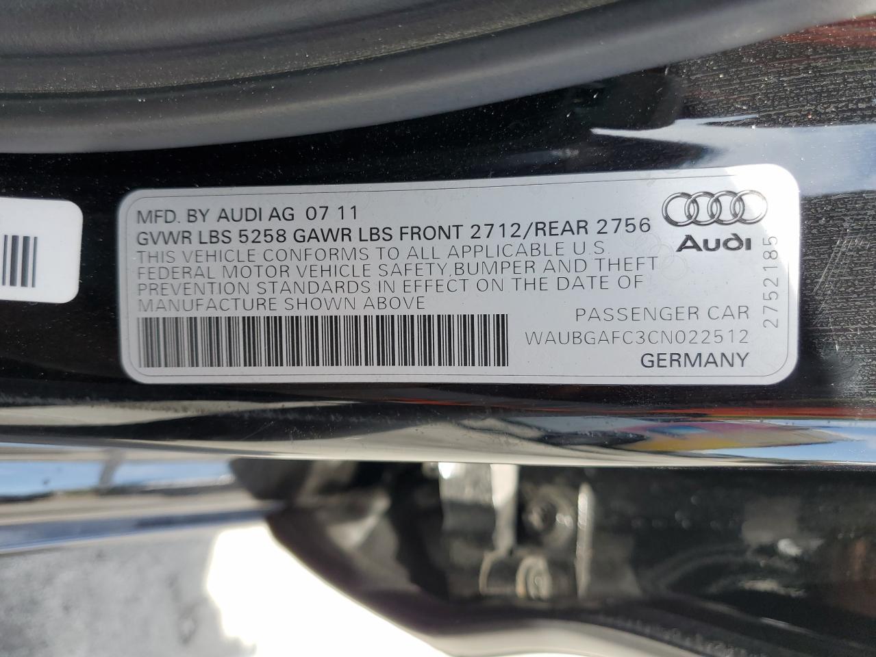 2012 Audi A6 VIN: WAUBGAFC3CN022512 Lot: 69950145