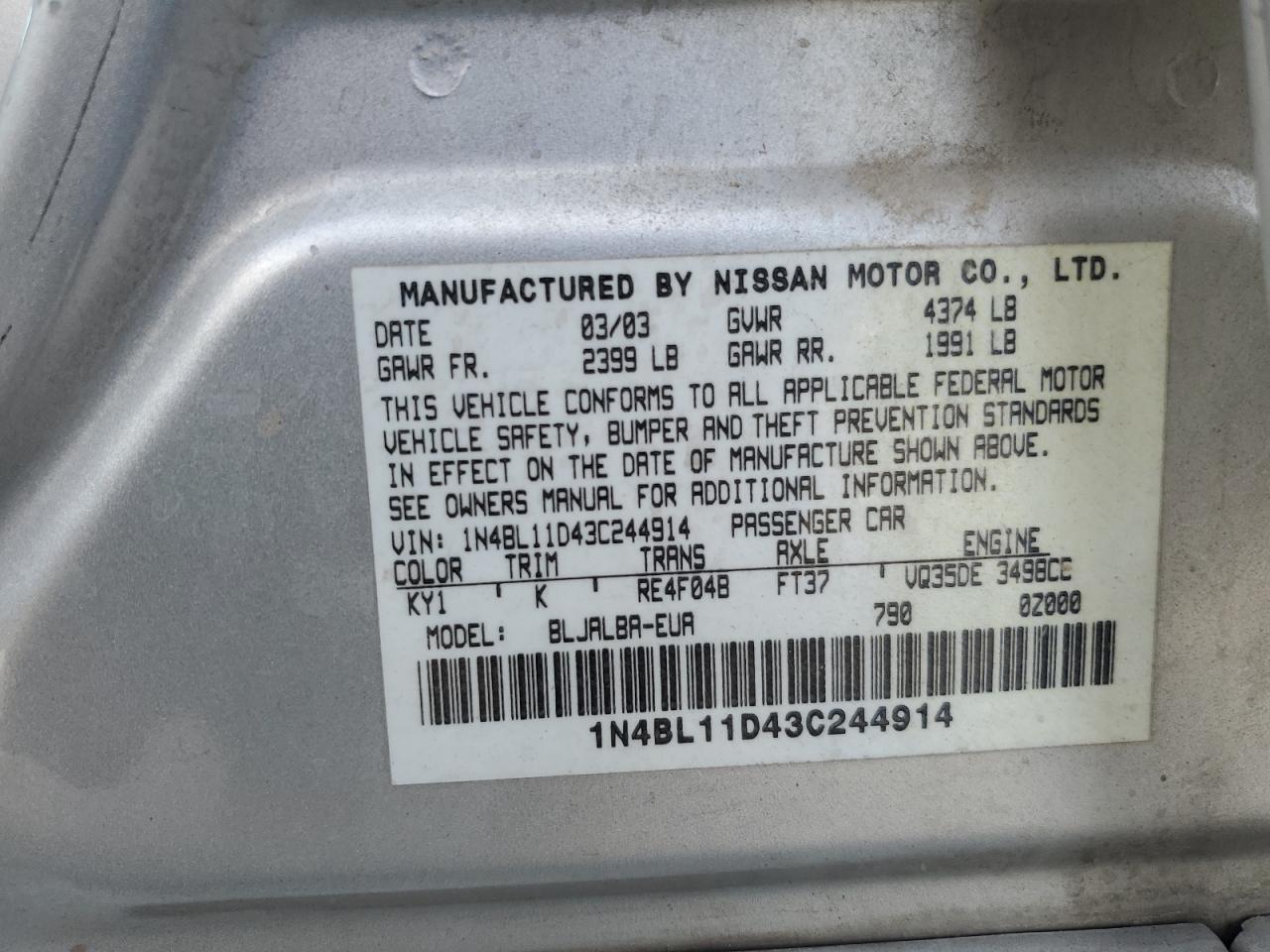 2003 Nissan Altima Se VIN: 1N4BL11D43C244914 Lot: 69818745