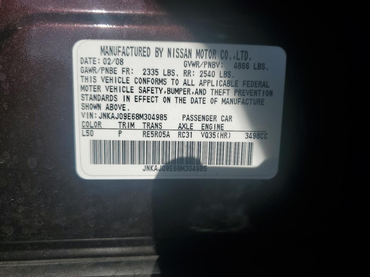 2008 Infiniti Ex35 Base VIN: JNKAJ09E68M304985 Lot: 69597195