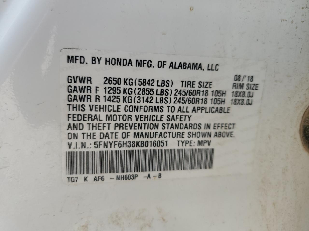 2019 Honda Pilot Ex VIN: 5FNYF6H38KB016051 Lot: 69591945