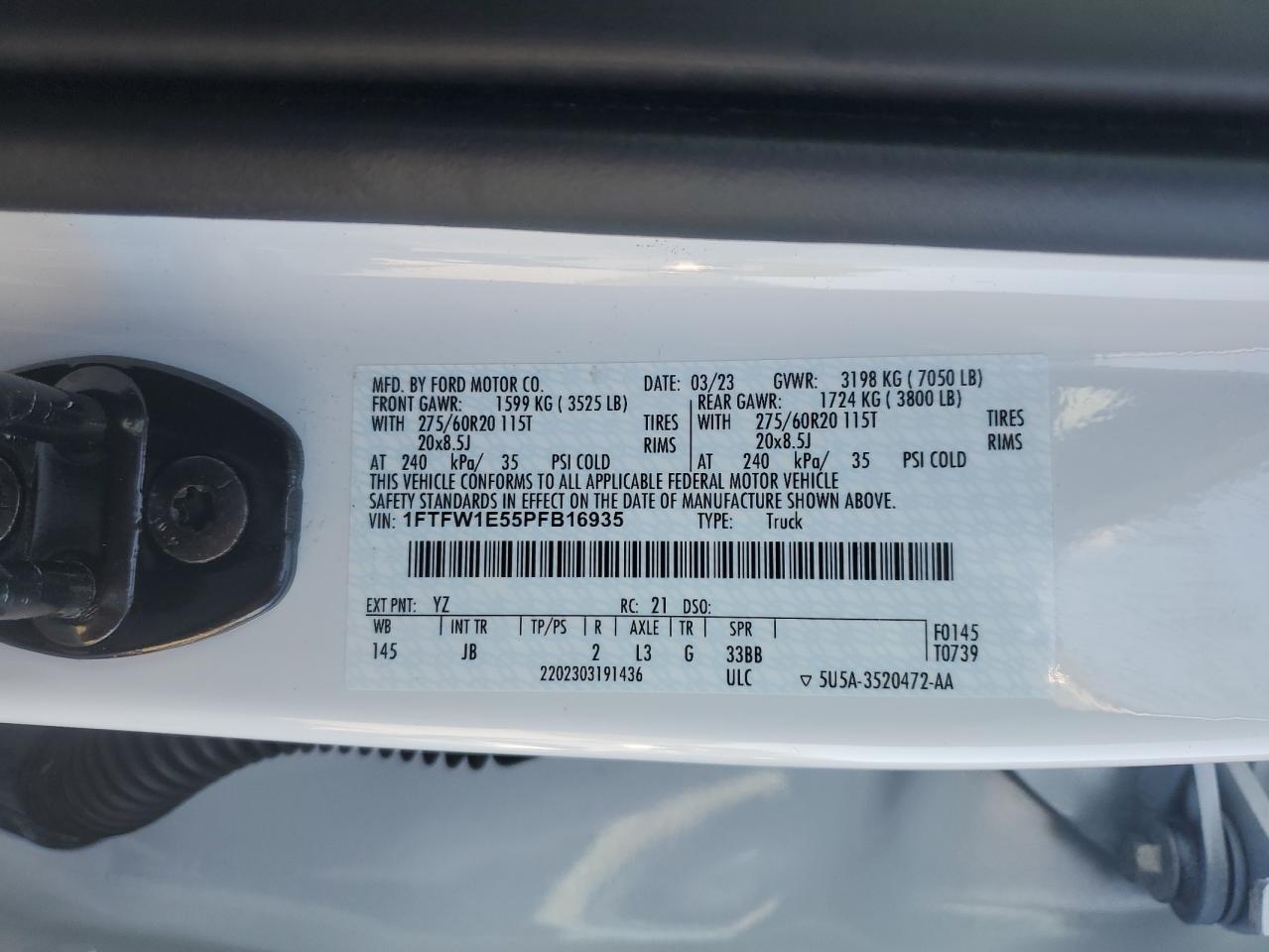 2023 Ford F150 Supercrew VIN: 1FTFW1E55PFB16935 Lot: 68186445