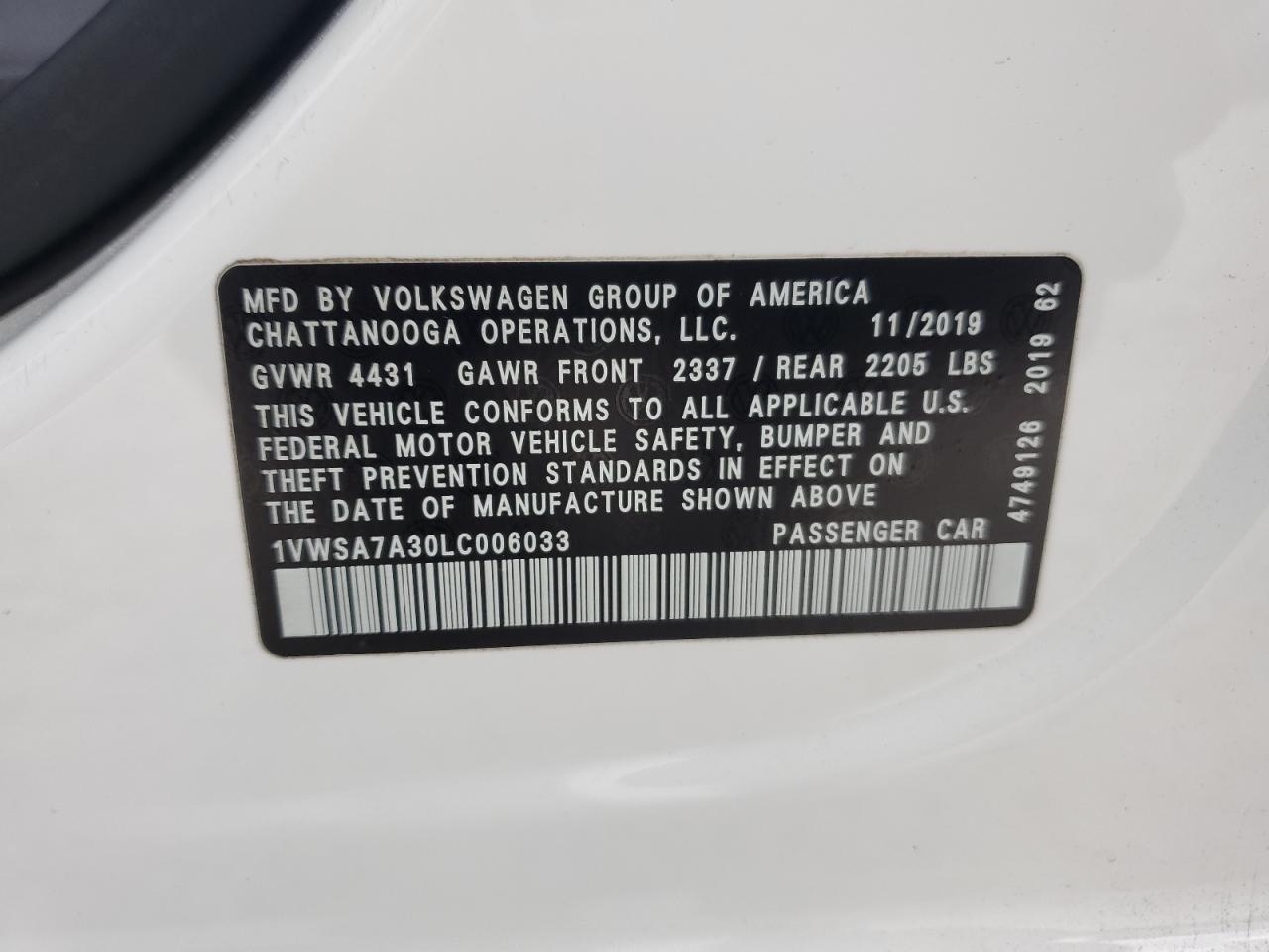 2020 Volkswagen Passat Se VIN: 1VWSA7A30LC006033 Lot: 67560375