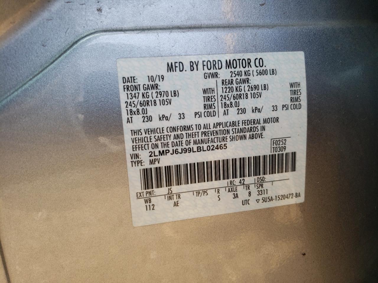 2020 Lincoln Nautilus VIN: 2LMPJ6J99LBL02465 Lot: 68260005