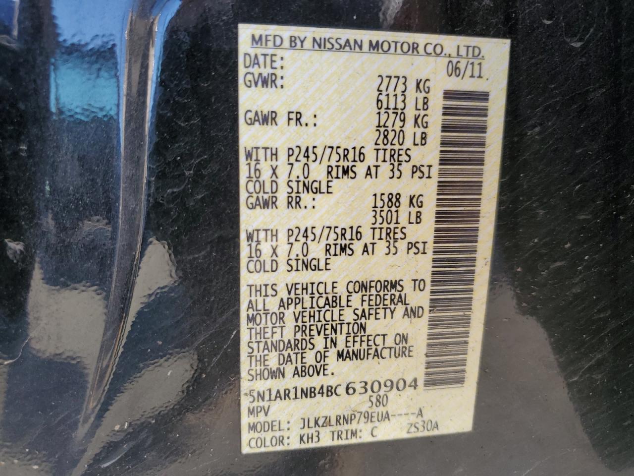 2011 Nissan Pathfinder S VIN: 5N1AR1NB4BC630904 Lot: 69849585