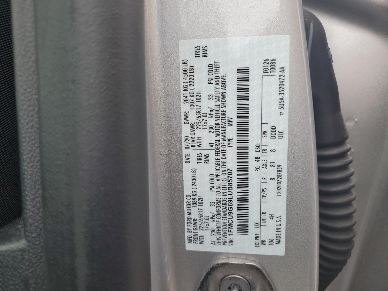 2020 Ford Escape Se VIN: 1FMCU9G69LUB85707 Lot: 67803745