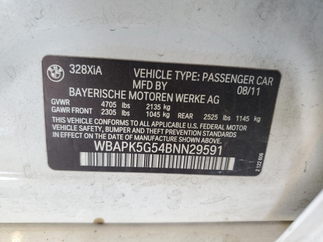 2011 BMW 328 Xi Sulev VIN: WBAPK5G54BNN29591 Lot: 69872565