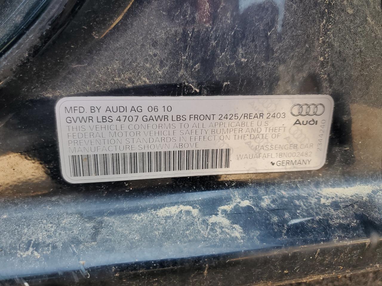 2011 Audi A4 Premium VIN: WAUAFAFL1BN002482 Lot: 70337995