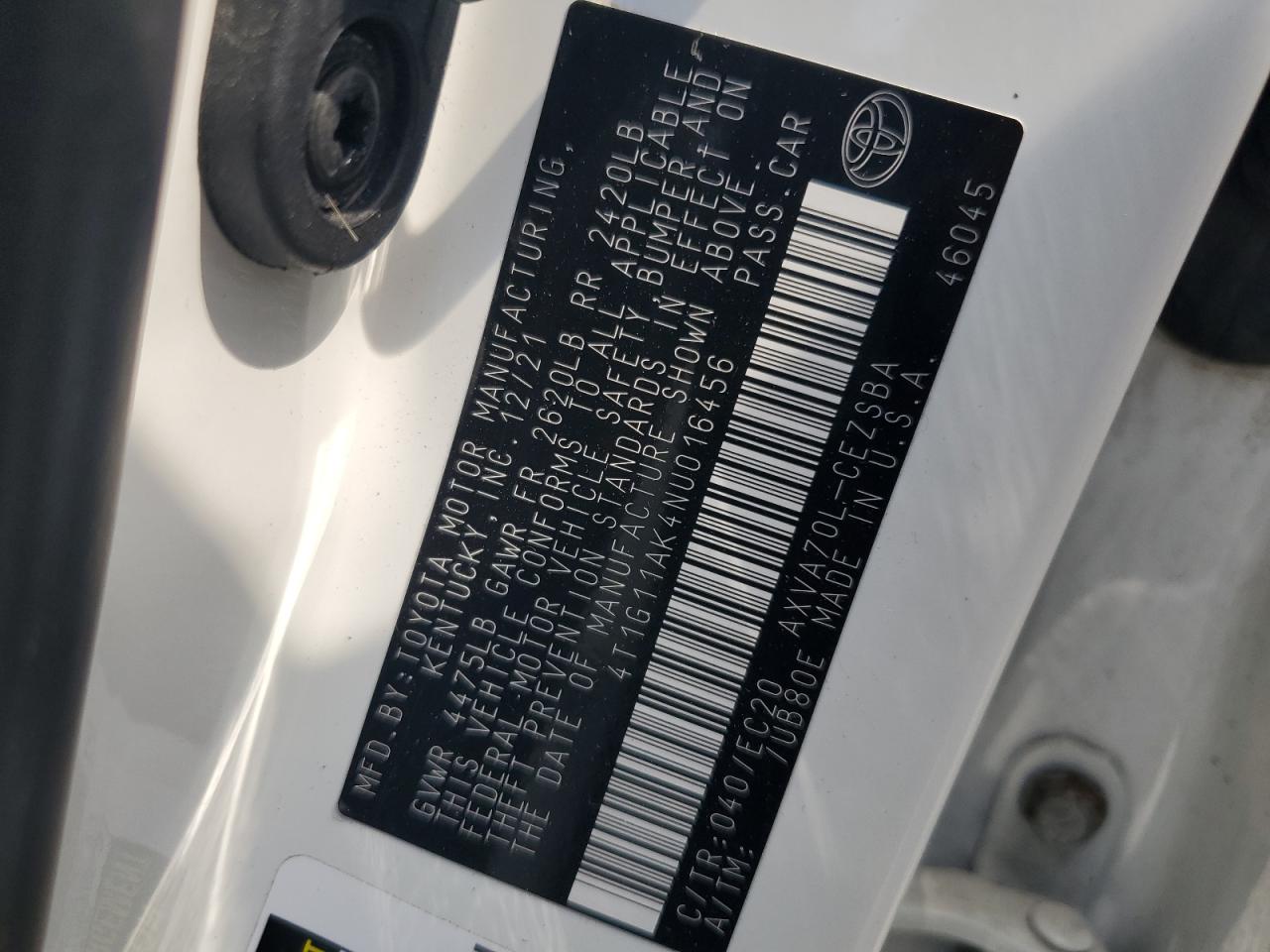 2022 Toyota Camry Se VIN: 4T1G11AK4NU016456 Lot: 68198215