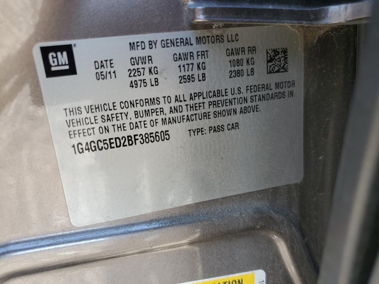 2011 Buick Lacrosse Cxl VIN: 1G4GC5ED2BF385605 Lot: 68223725