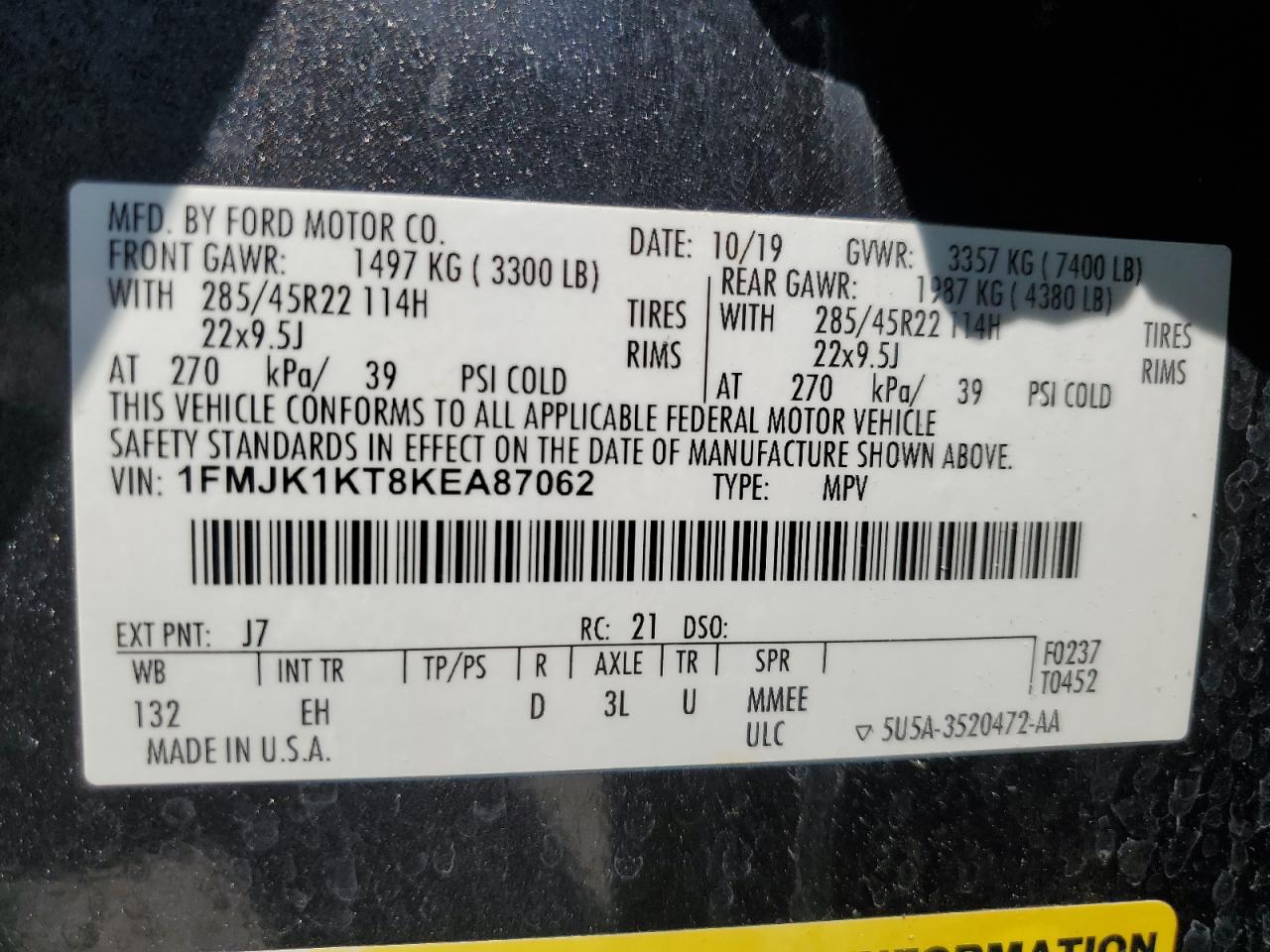 2019 Ford Expedition Max Limited VIN: 1FMJK1KT8KEA87062 Lot: 69982665