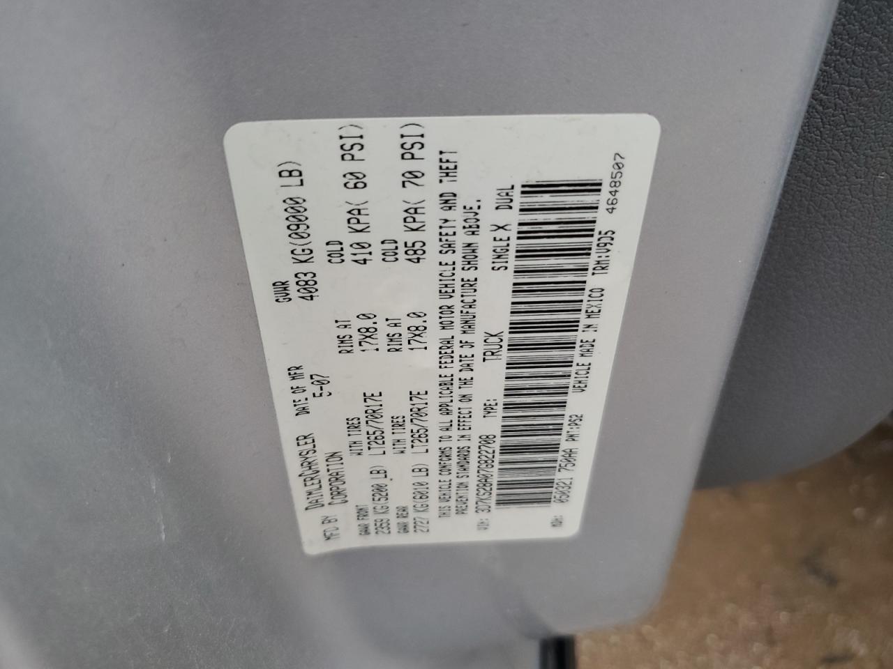 2007 Dodge Ram 2500 St VIN: 3D7KS28A07G822708 Lot: 68287955