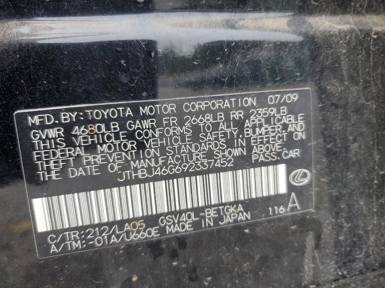 2009 Lexus Es 350 VIN: JTHBJ46G692337452 Lot: 70737205