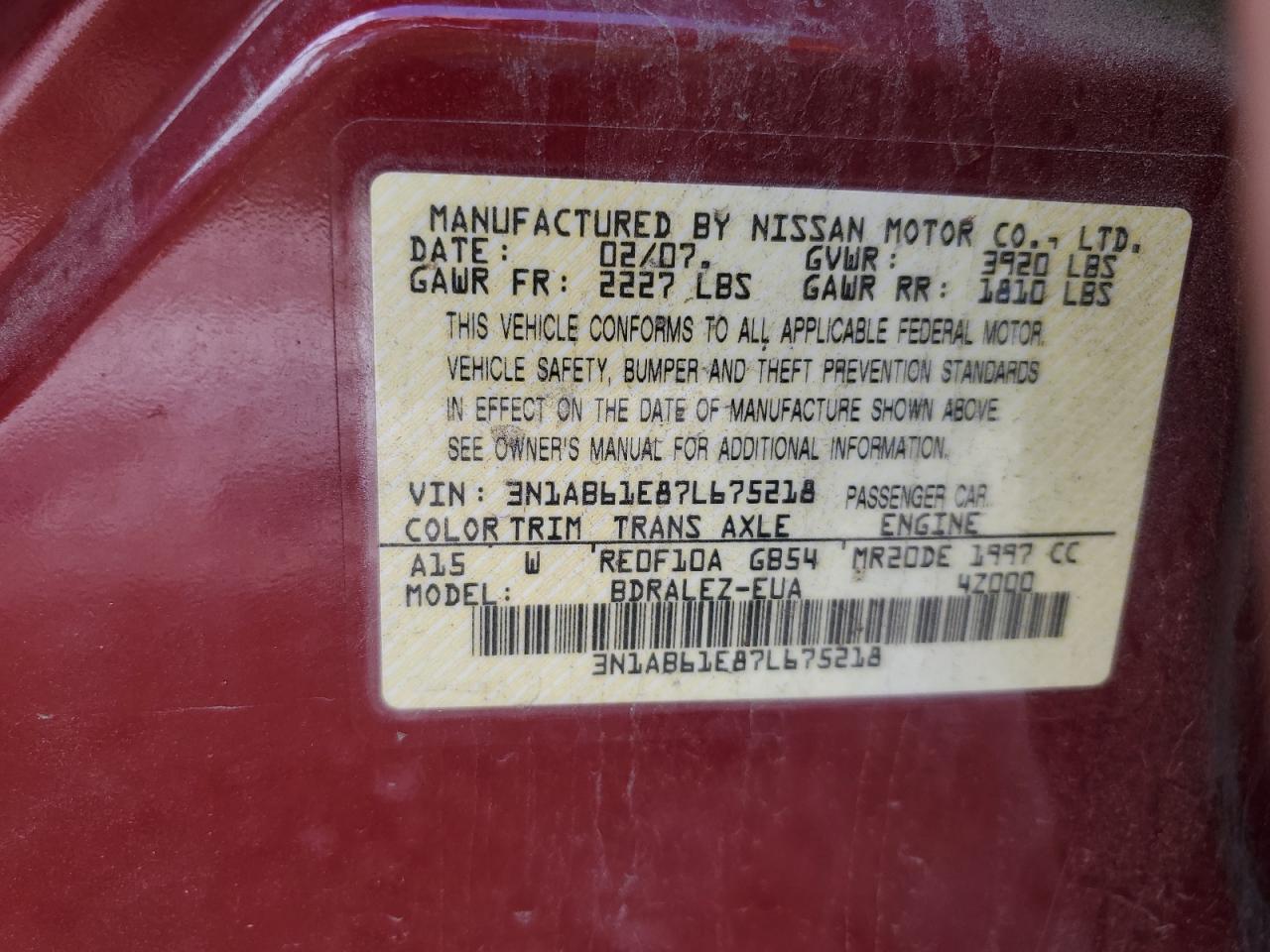 2007 Nissan Sentra 2.0 VIN: 3N1AB61E87L675218 Lot: 86211865