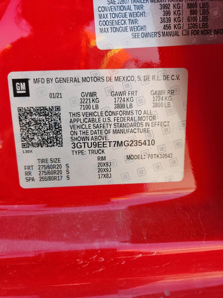 2021 GMC Sierra K1500 At4 VIN: 3GTU9EET7MG235410 Lot: 70084155