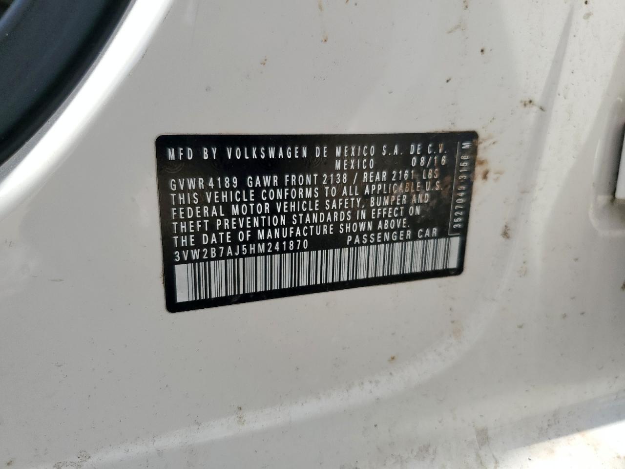 2017 Volkswagen Jetta S VIN: 3VW2B7AJ5HM241870 Lot: 68196005