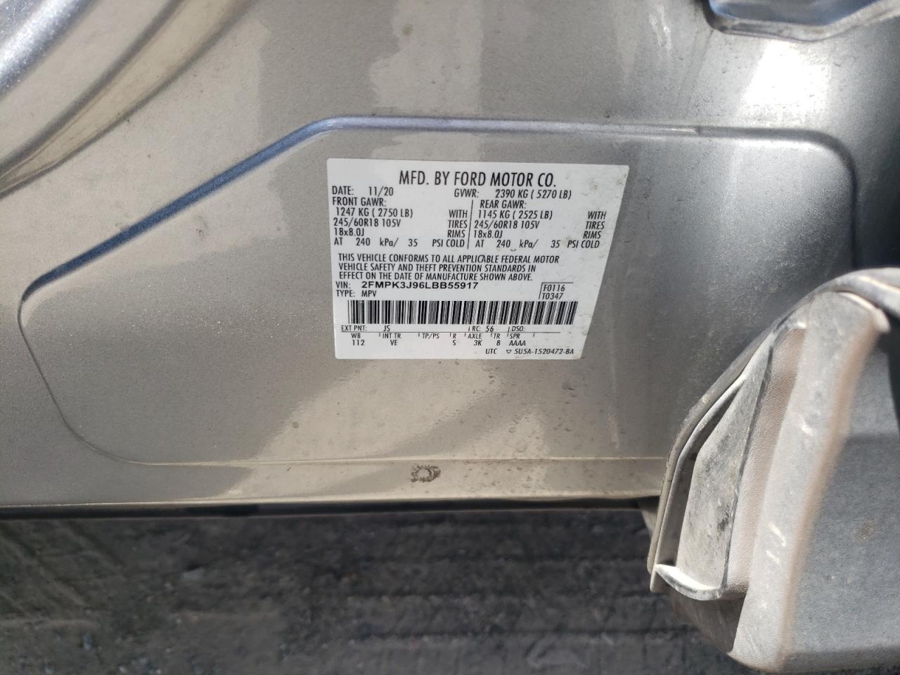 2020 Ford Edge Sel VIN: 2FMPK3J96LBB55917 Lot: 67744785