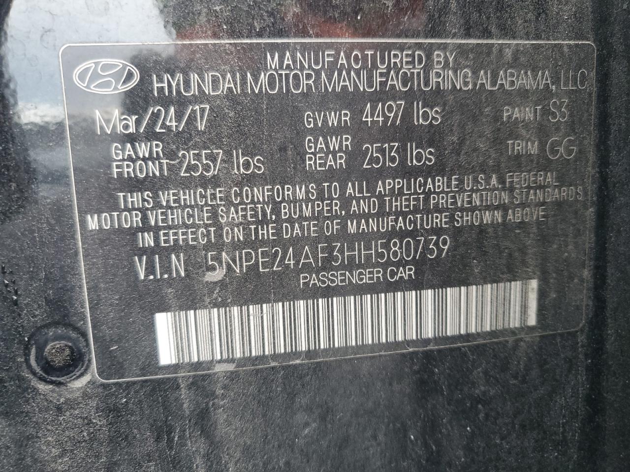 2017 Hyundai Sonata Se VIN: 5NPE24AF3HH580739 Lot: 69810315