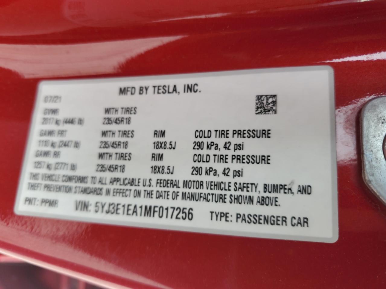 2021 Tesla Model 3 VIN: 5YJ3E1EA1MF017256 Lot: 67213335