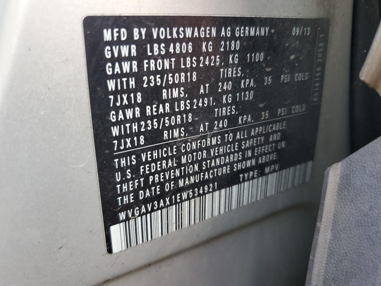 2014 Volkswagen Tiguan S VIN: WVGAV3AX1EW534921 Lot: 71956855