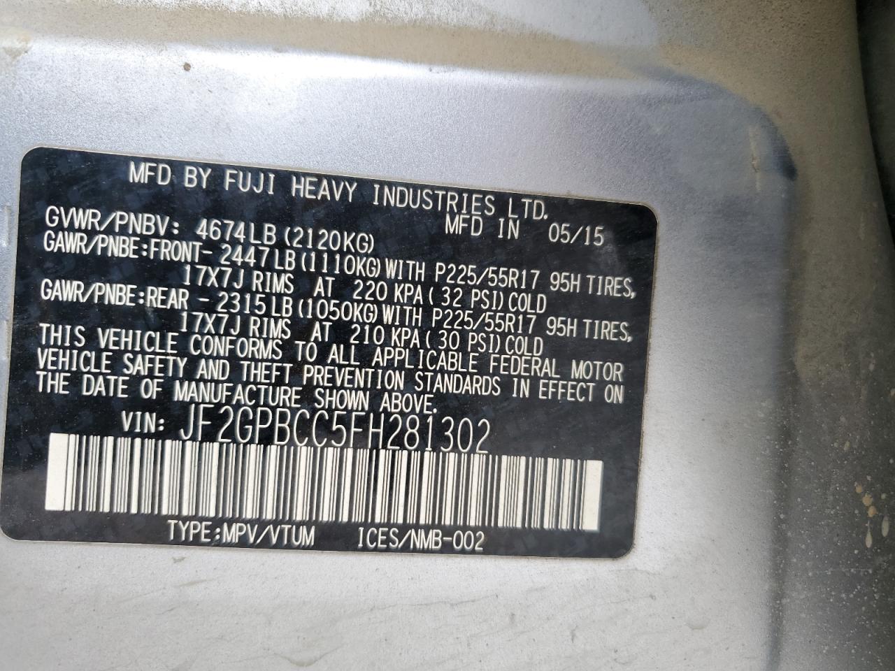 2015 Subaru Xv Crosstrek 2.0I Hybrid VIN: JF2GPBCC5FH281302 Lot: 69930475