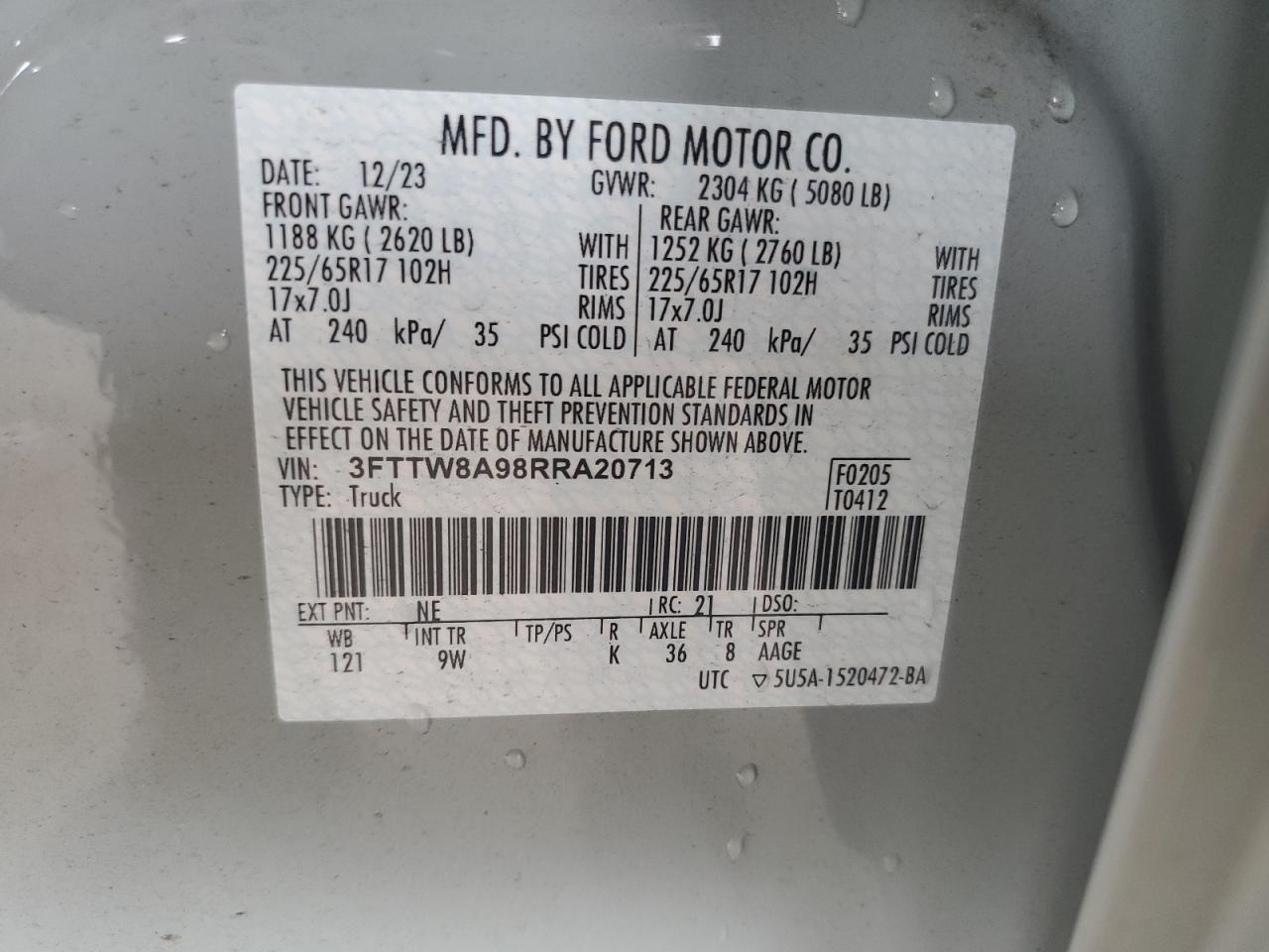 2024 Ford Maverick Xl VIN: 3FTTW8A98RRA20713 Lot: 67568945