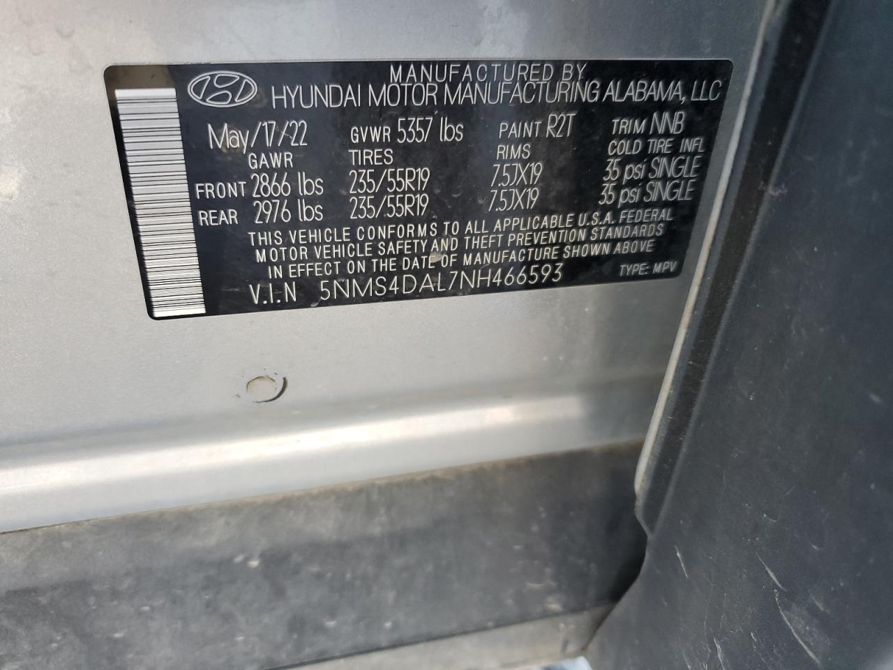 2022 Hyundai Santa Fe Limited VIN: 5NMS4DAL7NH466593 Lot: 85353495