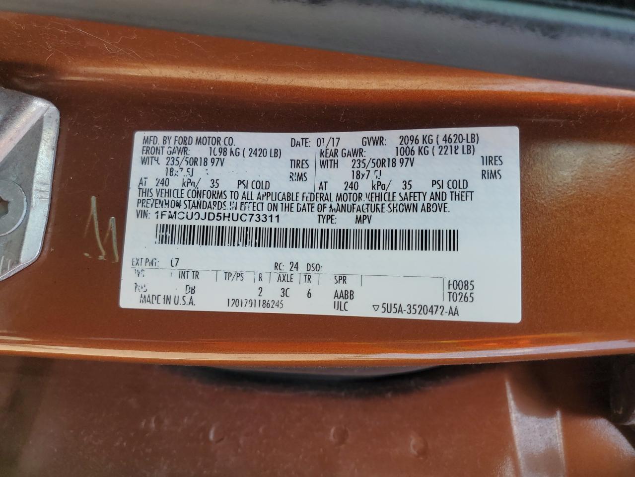 2017 Ford Escape Titanium VIN: 1FMCU0JD5HUC73311 Lot: 69421555