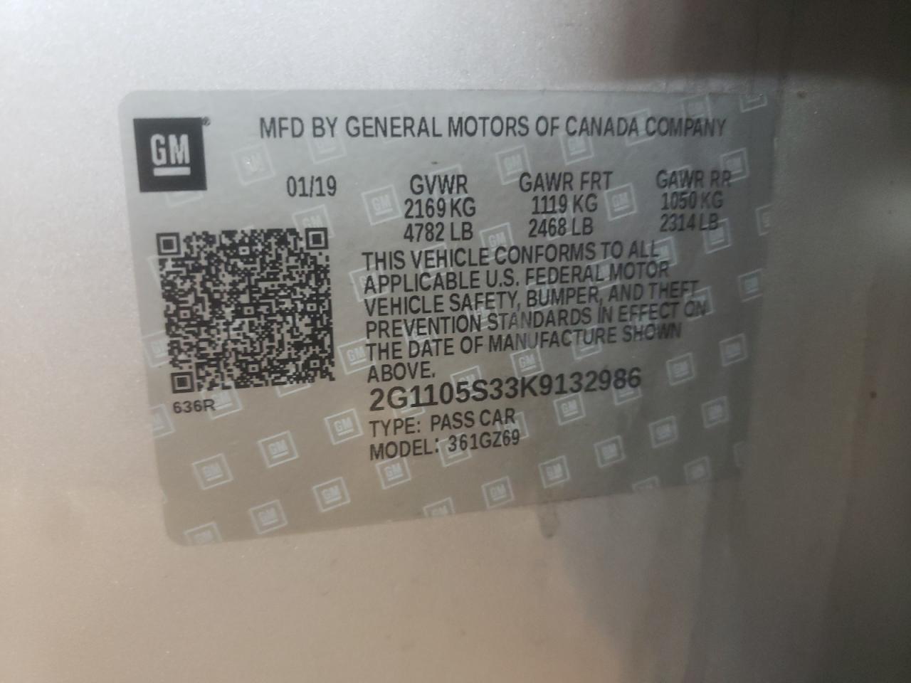 2019 Chevrolet Impala Premier VIN: 2G1105S33K9132986 Lot: 69061095